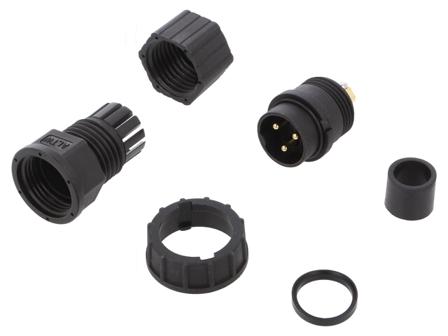 Connector: rond; stekker; maat D; mannelijk; PIN: 3; verguld; 20A Connector: rond; stekker; maat D; mannelijk; PIN: 3; verguld; 20A